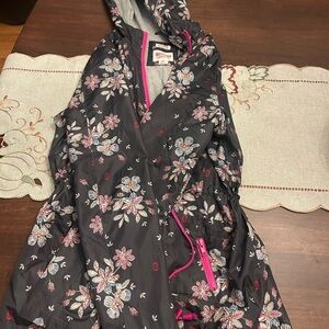 Grey Floral Rain Jacket with Pink Trim